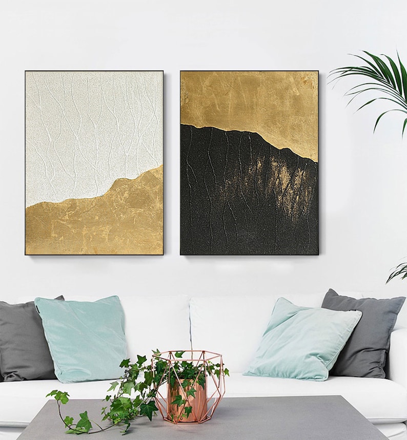 Huge Wall Art Gold Leaf Painting Set of 2 Wall Decor Gold Leaf Etsy