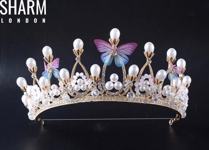 Pearl Tiara Gold Pageant Crown Crystals Beads Butterfly Etsy