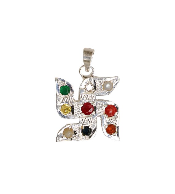 Silver Navaratna Swastik Pendant in 