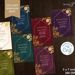 Indiase huwelijksuitnodigingset - koninklijke tinten en goudfolie bloemen