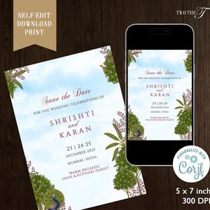 Réservez cette date pour un mariage indien | Faire-part numérique sur le thème des arbres Pichwai et des paons