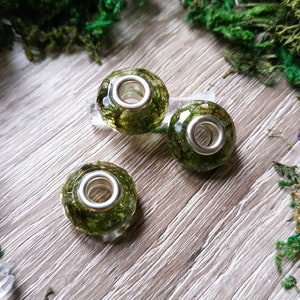 May include: Three round beads with a silver-colored core, filled with green moss. The beads are clear, allowing the moss to be visible. The beads are on a wooden surface, surrounded by green moss and crystals.