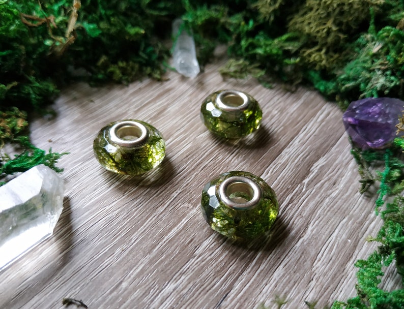May include: Three faceted glass beads with a silver-colored core, filled with green plant material. The beads are arranged on a wooden surface, surrounded by green moss, crystals, and a purple gemstone.