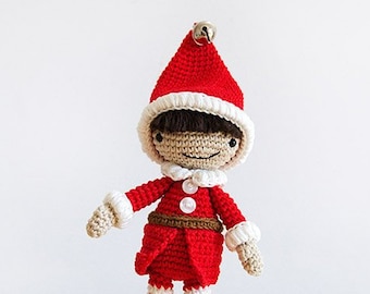 Santa's Helper Amigurumi Elf | Crochet PDF pattern | with crochet pointed hat, striped tights and puffy collar