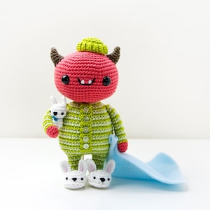 Mandarino baby Devil in pajama | Crochet PDF pattern | with striped PJ and crochet Bunny slippers