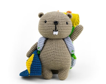 Lenny the amigurumi Beaver | Crochet PDF pattern | with crochet backpack and tapestry crochet baseball hat