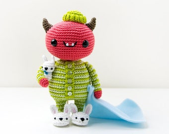 Mandarino baby Devil in pajama | Crochet PDF pattern | with striped PJ and crochet Bunny slippers