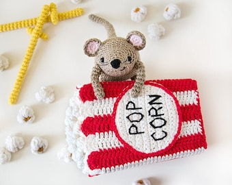 Steno the amigurumi Mouse with Cinema Popcorn box | Crochet PDF pattern | with crochet popcorn that seems real!