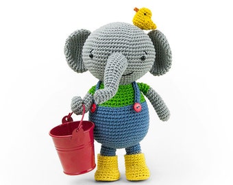 Martin the amigurumi Elephant | Crochet PDF pattern | with little crochet bird, overall and yellow rain boots