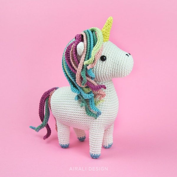 Marla l'unicorno amigurumi | schema uncinetto in PDF | Fantasy amigurumi con criniera arcobaleno e corno dorato