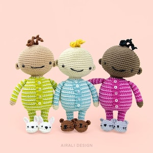 Baby amigurumi in pajama | Crochet PDF pattern | with crochet slippers (3 different designs: bunny, cat and bear)