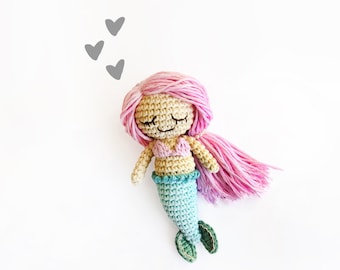 Sandrine the little Amigurumi Mermaid | Crochet PDF pattern | with pink hair, crochet bikini and embroidered eyes