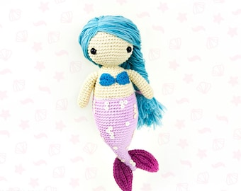 Sandra la Sirena Amigurumi | patrón de crochet en PDF | sirena con cabello azul, bikini y lentejuelas en la cola