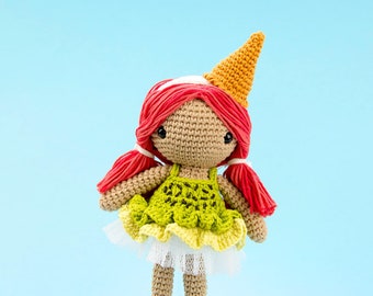 Lorena the ice-cream Amigurumi Doll | Crochet PDF pattern | with pink hair, crochet dress with tulle fabric and ice cream cone shaped hat