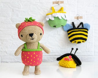 Amigurumi-Anziehbären | Häkelanleitung im PDF | 1 Bär + 3 Kostüme: Erdbeere, Biene und Gänseblümchen (mit Kleid und Hut)