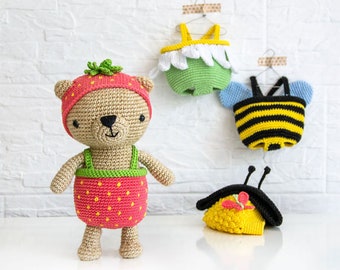 Dress-Up Bears | Amigurumi Crochet PDF pattern | 1 Bear + 3 costumes: Strawberry, Bee and Flowers (dress and hat for each costume)