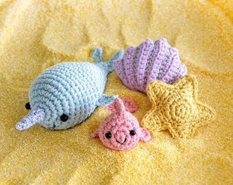 Sea Friends | Amigurumi Crochet PDF pattern | 4 in 1: narwhal (unicorn of the sea), fish, shell, starfish