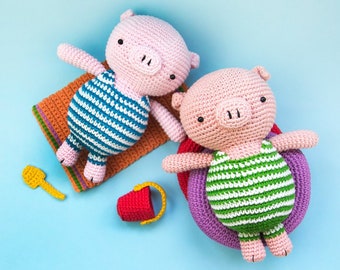 Amigurumi Piglet on holiday | Crochet PDF pattern | with crochet life ring, beach towel, bucket and spade