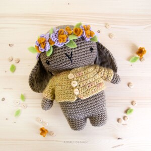 Spring Bunny Amigurumi Crochet PDF pattern With buttoned jacket and crochet flower crown with felt details image 2