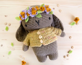 Spring Bunny | Amigurumi Crochet PDF pattern | With buttoned jacket and crochet flower crown with felt details