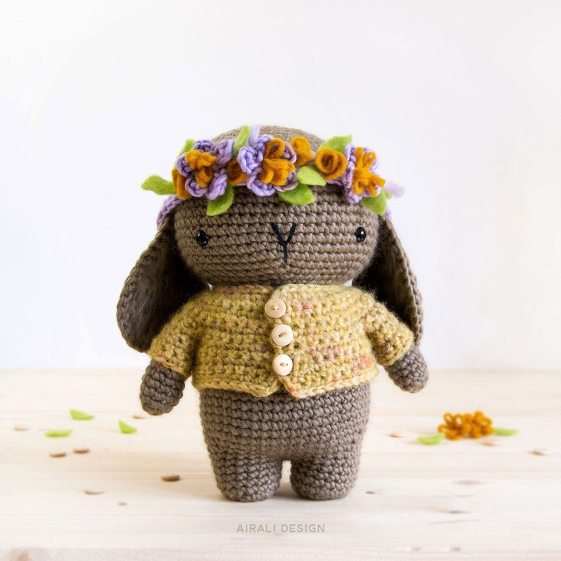 Spring Bunny Amigurumi Crochet PDF pattern With buttoned jacket and crochet flower crown with felt details image 1