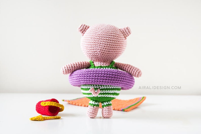 Amigurumi Piglet on holiday Crochet PDF pattern with crochet life ring, beach towel, bucket and spade image 4