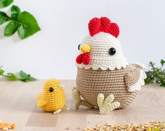 Flora la Gallina Amigurumi y el Pollito | Patrón de crochet PDF | con hoja para colorear para personalizar los colores