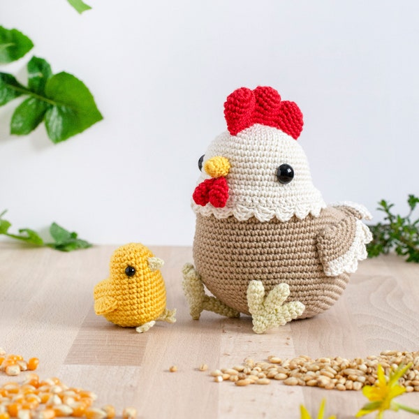 Flora the Hen and the Little Chick | Amigurumi Crochet PDF pattern | with coloring page