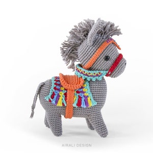 Pedro the amigurumi Donkey Crochet PDF pattern gray donkey with striped blanket, saddle, browband and rein image 3