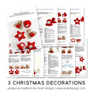 Pode incluir: Imagem de decora&ccedil;&otilde;es de Natal amigurumi vermelhas e bege, incluindo uma estrela, um sino e um anjo, com instru&ccedil;&otilde;es de padr&atilde;o. O texto diz "3 DECORA&Ccedil;&Otilde;ES DE NATAL" e "JINGLE BELL FIVE-POINTED STAR AND BABY ANGEL".