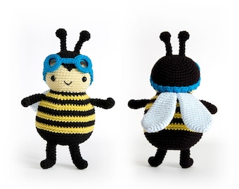 Zenón el Abejorro Amigurumi | patrón de crochet en PDF | Abeja rayada amarilla y negra con gafas de aviador