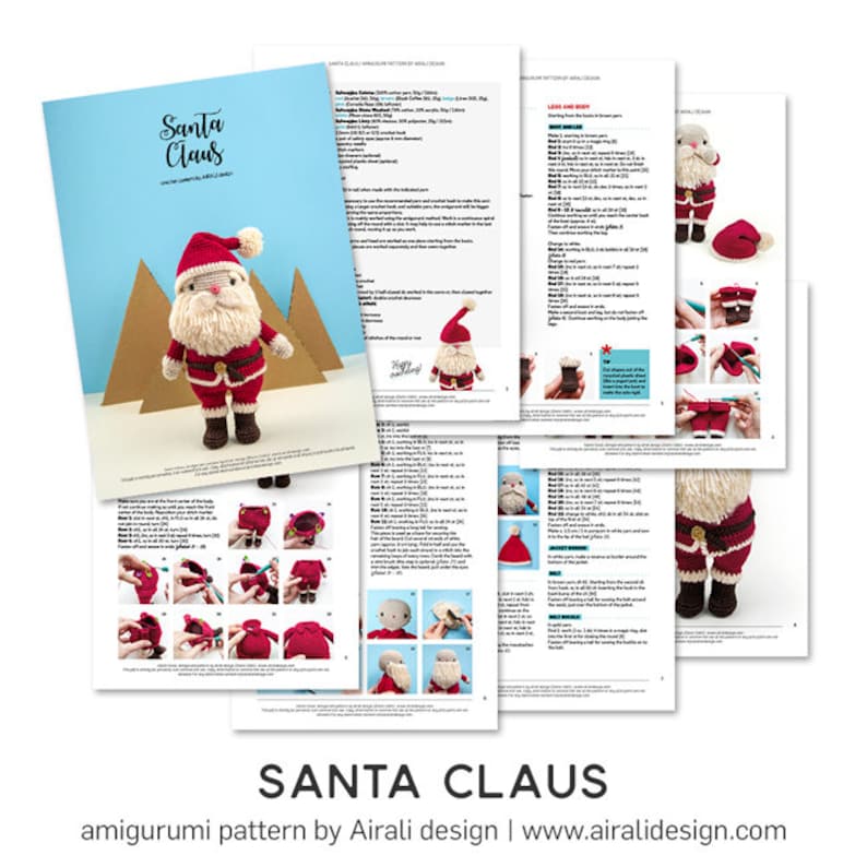 May include: A crochet amigurumi pattern for making a Santa Claus doll. The pattern includes instructions for making the body, legs, arms, head, hat, and beard. The pattern is written in English and includes color photos.