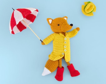 Foggy the amigurumi Fox | Crochet PDF pattern | with crochet raincoat and tapestry crochet umbrella