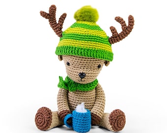 Dasher the Amigurumi Reindeer | Crochet PDF pattern | crochet christmas toy with crochet scarf, striped hat and hot chocolate mug