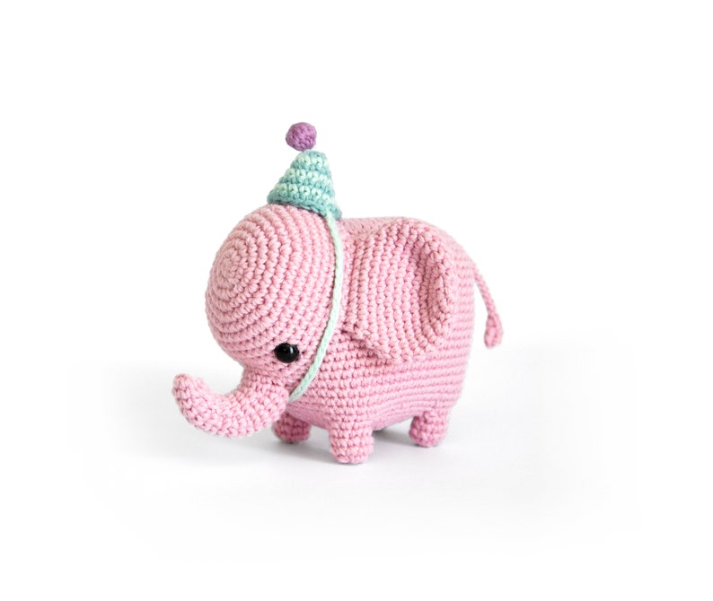 Elvie the Elephant Amigurumi Crochet PDF pattern Instruction to make shaped trunk without wire party hat image 1