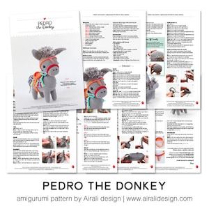 Pedro the amigurumi Donkey Crochet PDF pattern gray donkey with striped blanket, saddle, browband and rein image 6