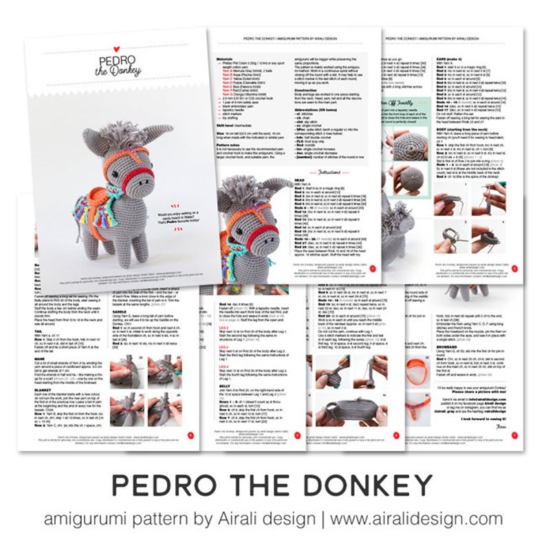 Pedro the amigurumi Donkey Crochet PDF pattern gray donkey with striped blanket, saddle, browband and rein image 6