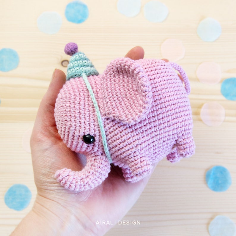 Elvie the Elephant Amigurumi Crochet PDF pattern Instruction to make shaped trunk without wire party hat image 6