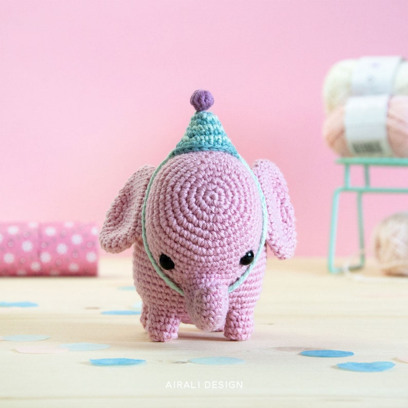 Elvie the Elephant Amigurumi Crochet PDF pattern Instruction to make shaped trunk without wire party hat image 8