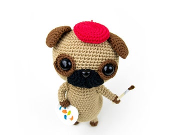 Albert the amigurumi Pug | Crochet PDF pattern | with french beret crochet hat, painter's palette and brush