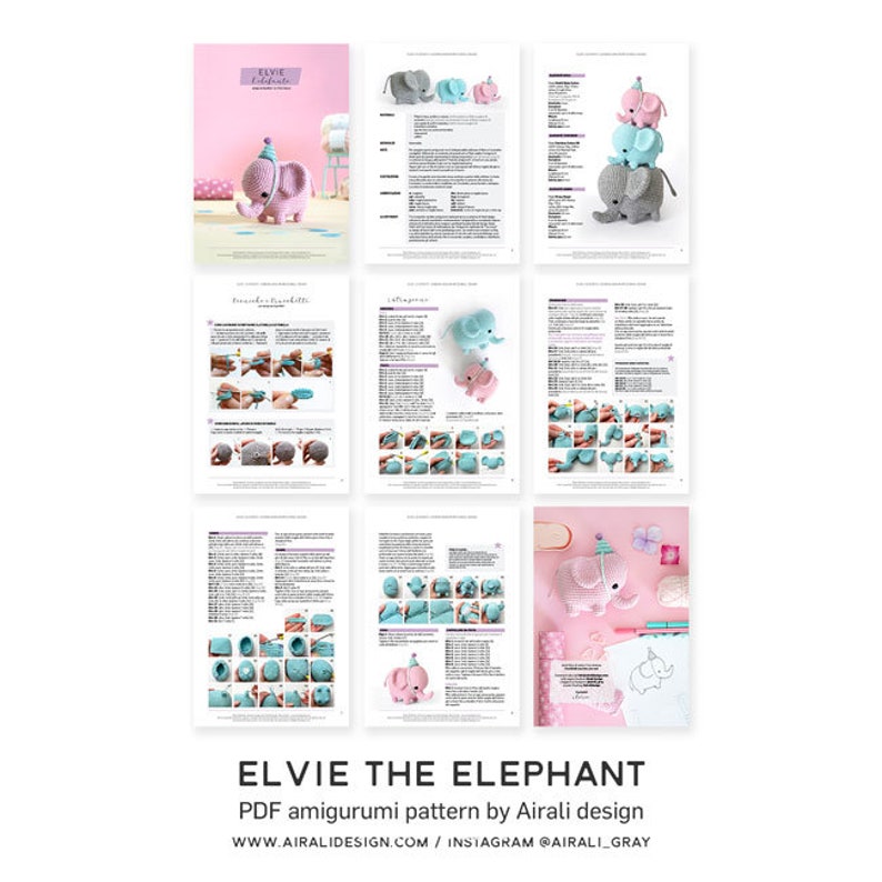 Elvie the Elephant Amigurumi Crochet PDF pattern Instruction to make shaped trunk without wire party hat image 5