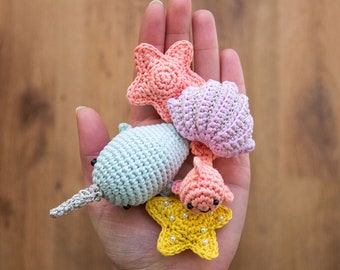 Amigurumi Amigos del Mar | patrón de crochet en PDF | 4 patrones en 1: narval (unicornio marino), pececito, estrella de mar, concha