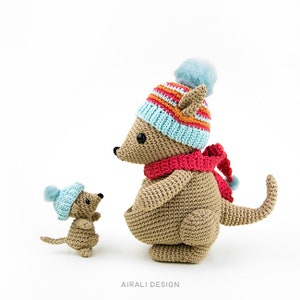 Bea und Miki Kängurus Amigurumi | PDF-Häkelanleitung | Mutter und Baby-Känguru mit gestreifter Mütze und Schal