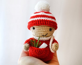 Pequeño Elfo Amigurumi | patrón de crochet en PDF | Adorno navideño en crochet, duende marcador de posición con gorro, bufanda y bolsillo