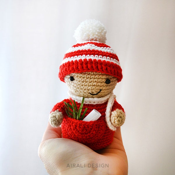 Petit Elfe Amigurumi | Patron au crochet PDF | Décoration de Noël au crochet, lutin de marque-place avec bonnet, écharpe et pochette