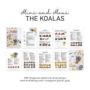 May include: A PDF amigurumi pattern for crocheting two koala bears, one small and one large. The pattern includes instructions for making the koalas, as well as photos of the finished products. The pattern is by Airali design and is available on their website and Instagram.