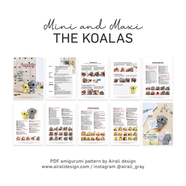 May include: A PDF amigurumi pattern for crocheting two koala bears, one small and one large. The pattern includes instructions for making the koalas, as well as photos of the finished products. The pattern is by Airali design and is available on their website and Instagram.