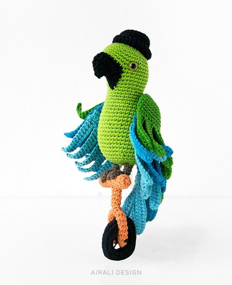 Carlo the Amigurumi Parrot Crochet PDF pattern with crochet bowler hat and unicycle image 1