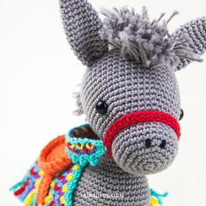 Pedro the amigurumi Donkey Crochet PDF pattern gray donkey with striped blanket, saddle, browband and rein image 5