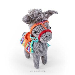 Pedro the amigurumi Donkey Crochet PDF pattern gray donkey with striped blanket, saddle, browband and rein image 2